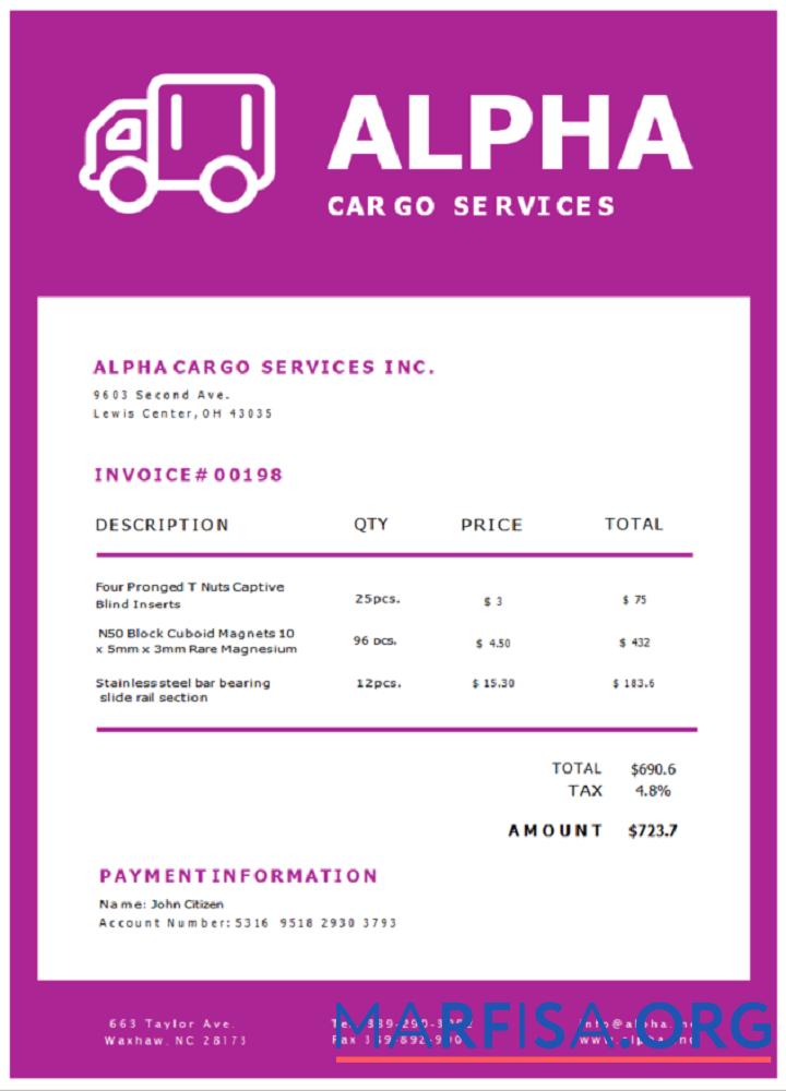 Printable USA Alpha Cargo Services invoice sample